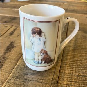 Bessie Pease Gutmann White Ceramic Mug with Child and Puppy Illustration